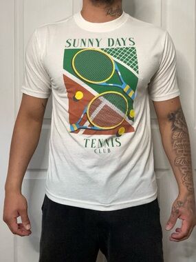 Modern Lux White Tee with Green, Yellow & Brown Tennis Graphic